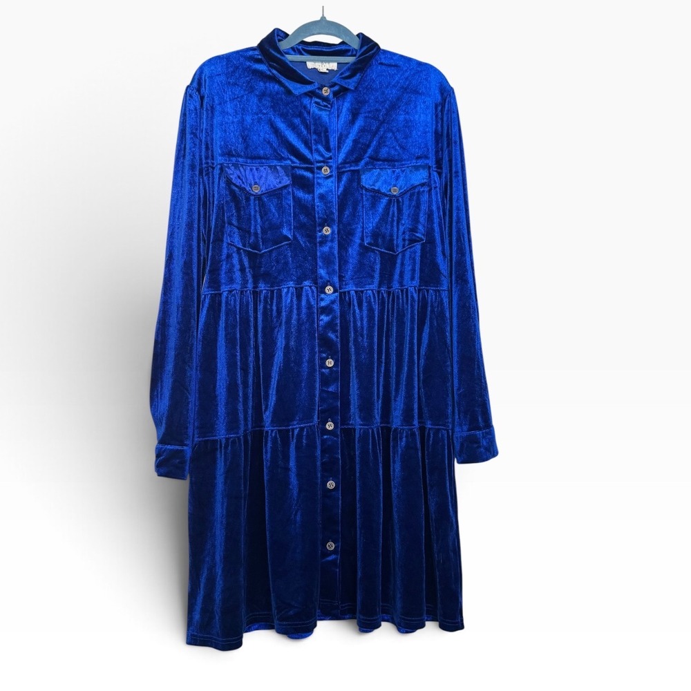 Umgee USA Royal Blue Velvet Tiered Shirt Dress Babydoll Long Sleeve M Festive